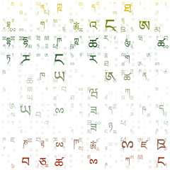 Poster - Abstract background. Random letters of the Tibetan Alphabet. Gradiented matrix pattern. Red green color theme backgrounds. Tileable horizontally. Charming vector illustration.
