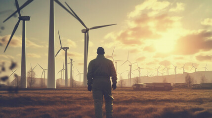 Engineer man working renewable wind energy plant. Generative AI