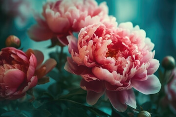 Wall Mural - Beautiful pink large flowers peonies on a light blue turquoise background with blurry soft filter.