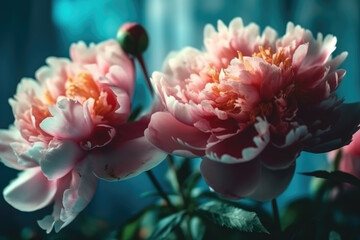 Wall Mural - Beautiful pink large flowers peonies on a light blue turquoise background with blurry soft filter.