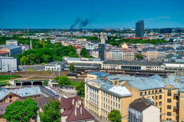 Wall Mural - Riga, Latvia - July 8, 2017: Aerial view of Riga skyline on a summer morning