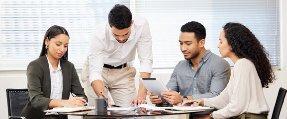 Canvas Print - Business people, meeting and tablet work planning a digital strategy in a workshop with teamwork. Working, employee group and startup management with notes and paperwork in a office with web design