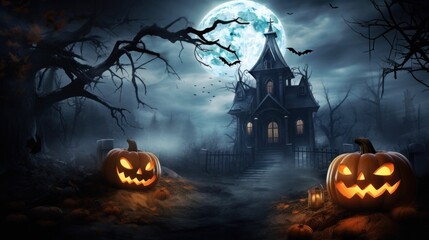 Wall Mural - Halloween background with pumpkins and haunted house and moon