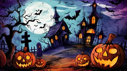 Wall Mural - Spooky halloween background with pumpkin and bats
