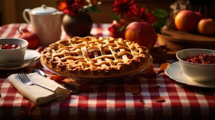 Wall Mural - Thanksgiving pie on a festive dinner table with squared cloth blanket