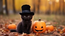 Black Cat In A Witch Black Hat For Halloween With Jack O Lantern Pumpkins Sitting In An Autumn Park