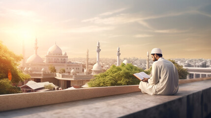 Muslim man sitting and holding Quran with view of mosque, eid ul adha mubarak day background illustration. Generative AI