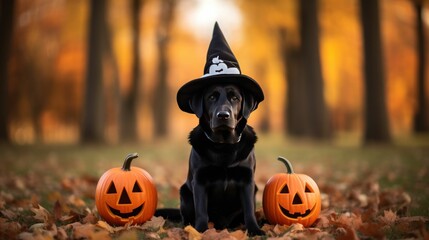 Wall Mural - Labrador in a fancy halloween hat with jack o lantern pumpkins sitting in an autumn park