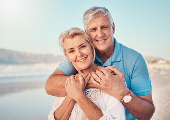 Canvas Print - Beach, love and portrait of senior couple hugging in nature, holiday or romantic outdoor date together at the ocean, sea or sand. Happy, smile and people in a hug, embrace or happiness on anniversary