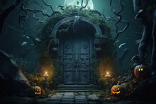 A Cemetery Door With Halloween Decoration