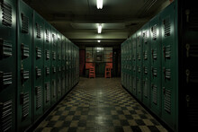 Dark School Hallway With Dirty Lockers