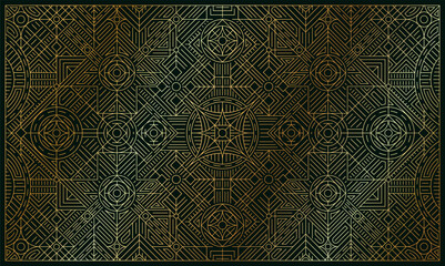 Wall Mural - Abstract geometric banner. Green luxury poster with golden outline pattern and ornament. Linear art deco horizontal cover for festive brochures and invitations. Cartoon flat vector illustration