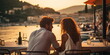 romantic couple relaxing on promenade and watching beautiful  sunset  and make photo on mediterranean sea port with boat summer vacation and travel 