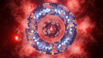 Poster - loop 3d animation. abstract composition of a torus and a sphere. objects consist of hexagons, segmen