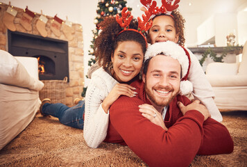 Sticker - Christmas, happy family and portrait in home on floor, bonding and together. Xmas, smile and face of parents with girl, interracial and African mom with father for party, celebration and holiday