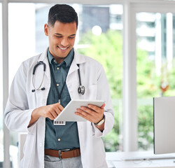 Poster - Happy man, doctor and tablet in medical research for innovation, networking or Telehealth at hospital. Male person or healthcare professional smile on technology for online communication or browsing