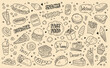Fast food set. Monochrome sketch with street food and drinks, sweets and bakery, sandwich and pizza, Chinese noodles and sausages. Doodle print for cafe menu design. Cartoon flat vector collection