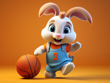 A Cute 3D Rabbit Playing Basketball On A Solid Color Background | Generative AI