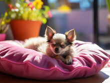 Chihuahua Puppy Sleeping On A Pink Fluffy Pillow