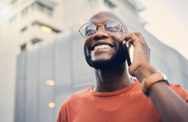 Aufkleber - .Black man, smile and phone call outdoor on a city street with a positive mindset and confidence. Face of a happy african person with glasses on an urban road with a smartphone for communication.