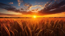 A Field With Wheat And A Beautiful Neon Sunset. Generative AI