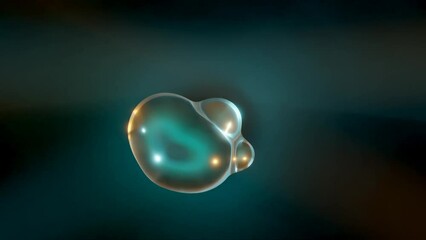 Poster - Loop 3d animation of liquid droplets merging in space. Abstract background of moving spheres, drops, objects. The art of synthesis.