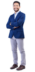 Poster - Business, happy portrait and asian man in studio with arms crossed of financial advisor, professional broker and trading in suit. Confident investment planner in corporate fashion on white background