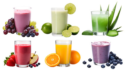 Canvas Print - Freshly pressed Fruit vegetable juice smoothie with fruits veggie toppings on transparent background cutout. PNG file. Many assorted different flavour. Mockup template for artwork design