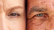 Face, eyes and closeup of old couple with wrinkles on skin for natural aging process in retirement. Portrait, elderly man and senior woman looking with vision, nostalgia or perception of grandparents