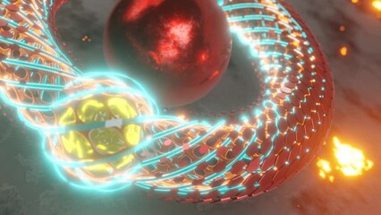Poster - Loop 3d animation of a fantastic ring, a torus of hexagonal segments. A glowing plasma ball moves along the ring. In the center is a red sphere. Abstract idea of a thermonuclear power plant.