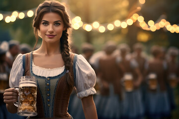 Wall Mural - Oktoberfest Tradition. Waitress wearing traditional clothes and holding beers at the festival. Sunset. German culture and celebration concept. AI Generative	
