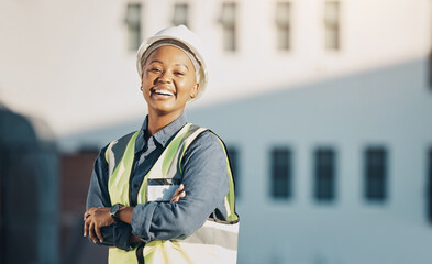 Aufkleber - Woman, construction worker and arms crossed portrait with a smile for engineering and building renovation job. Happy and African female employee on a industrial site outdoor for builder project