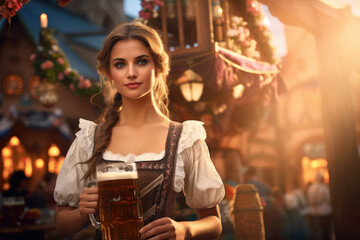 Wall Mural - Oktoberfest Tradition. Waitress wearing traditional clothes and holding beers at the festival. Sunset. German culture and celebration concept. AI Generative	
