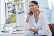 © Jade Maas/peopleimages.com - Business woman, company phone call and smile in a office with communication at a desk. Content manager, web worker and female person with tech and connectivity for internet strategy conversation