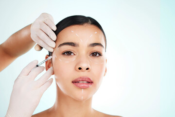 skincare, woman and face injection for plastic surgery in studio isolated on white background. portr