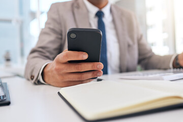 Aufkleber - Business man, hands and typing with phone at desk for social network contact, mobile internet or search media. Closeup, office worker and smartphone for information on digital app, technology or chat