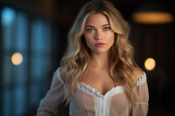 Wall Mural - Beautiful blonde, blue-eyed, full body young woman in elegant clothes, with perfect lighting and composition. seduction. sexy. image created with AI