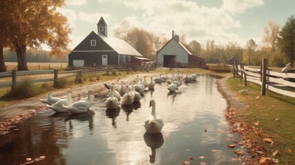 ducks and geese on a poultry farm. free range. ecology. Generative AI