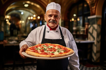 Wall Mural - Taste of Italy. A pizzaiolo Chef from Naples Showcasing a Delicious Piping Hot Pizza. Copy Space. Neapolitan Margherita Gastronomy AI Generative	
