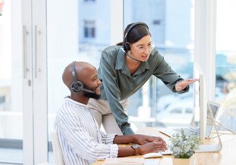 Poster - Call center, training and business people or team technical support or telemarketing advice, help or coaching. Professional consulting, review or feedback of manager, consultant or woman on computer