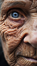 Timeless Beauty. Macro Close-Up Of The Face Of A Very Old Woman With Focused Blue Eyes. AI Generative