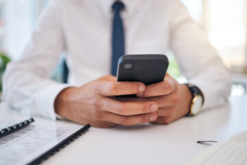 Aufkleber - Phone, search and hands of business man in office for social media, website and communication. Corporate, professional and networking with closeup of employee for digital, technology and internet
