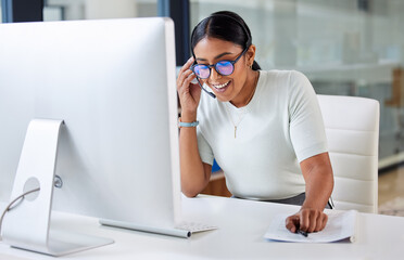 Aufkleber - Happy woman, headset or call center customer service consultant talking on online consultation in office. Girl virtual assistant, contact us or telemarketing agent with microphone for communication