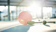 Gymnastics, aerobics and ball on floor in gym for rhythmic movement, training and exercise in studio. Creative performance, fitness and closeup of equipment for competition, sports and dance club