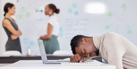 Aufkleber - Office, black man at desk sleeping with laptop and burnout, overworked on business project with stress and fatigue. Sleep, work and tired African businessman with computer and paperwork at startup.
