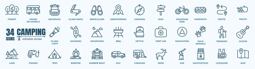 simple set of domestic tourism, local tour, camping related vector line icons. editable stroke. 48x4