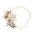 Boho wedding invite. Golden, floral geometrical frame. Dried palm leaves, pampas grass, beige hydrangea, lagurus, tropical bouquet wreath. Elegant, editable, modern brown, sand, neutral color template