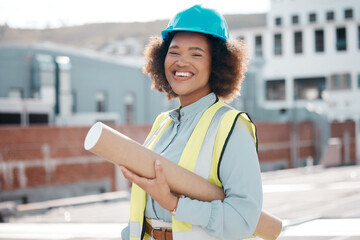 Aufkleber - Portrait, solar engineer and woman in city on rooftop for career in renewable energy. Face, architect and confident developer, contractor smile and happy worker in South Africa with blueprint outdoor