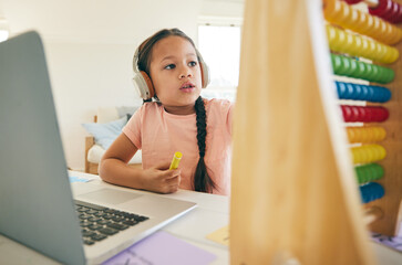 Sticker - Child, online learning and abacus with laptop and children education app with studying. Computer, young girl and headphones with tech and digital course with kids and elearning at home on desk