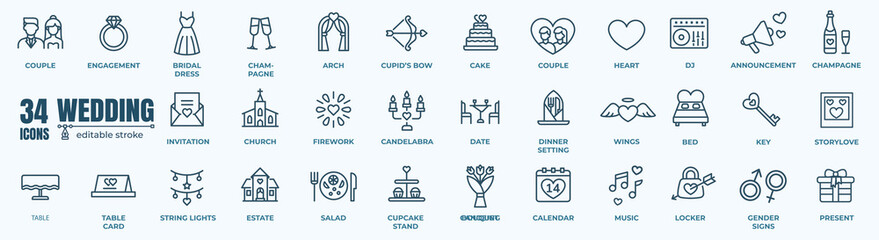 simple set of minimal wedding related vector line icons. editable stroke. 48x48 pixel perfect